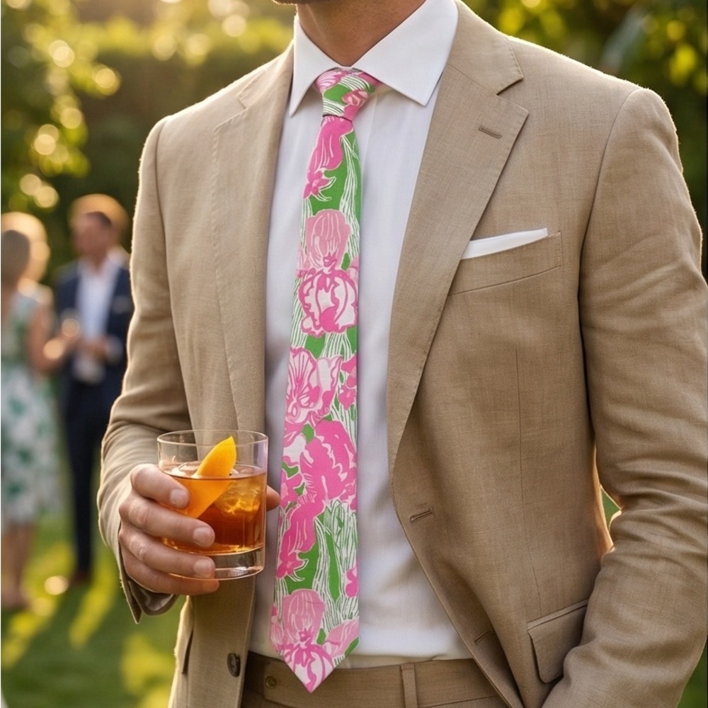 Men's Pink & Green Floral Tie - Classic Formal Necktie